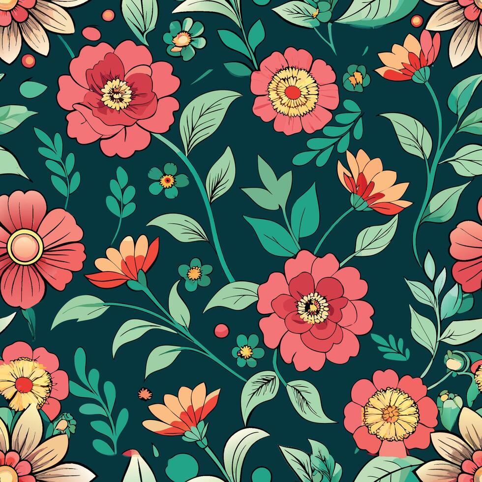Dark Green Floral Seamless Pattern with Delicate Blooms vector