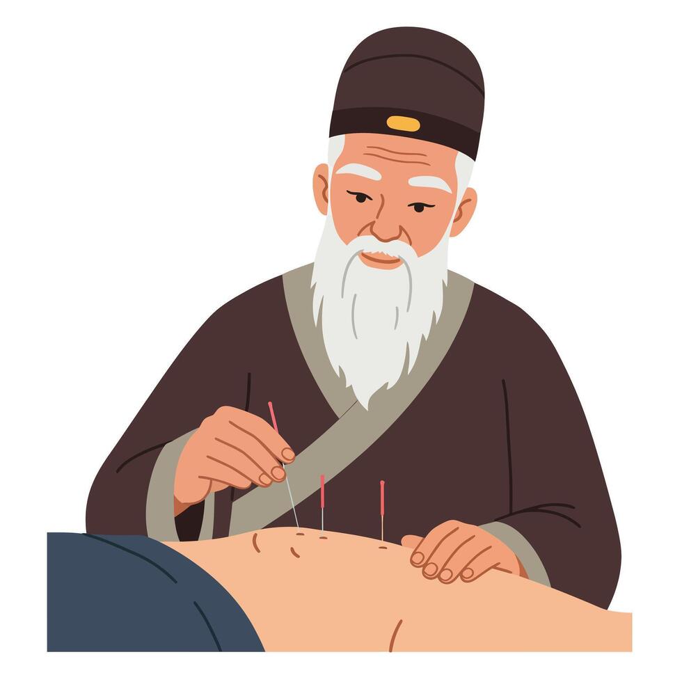 Elderly practitioner performing acupuncture treatment in flat aimotion art style illustration vector