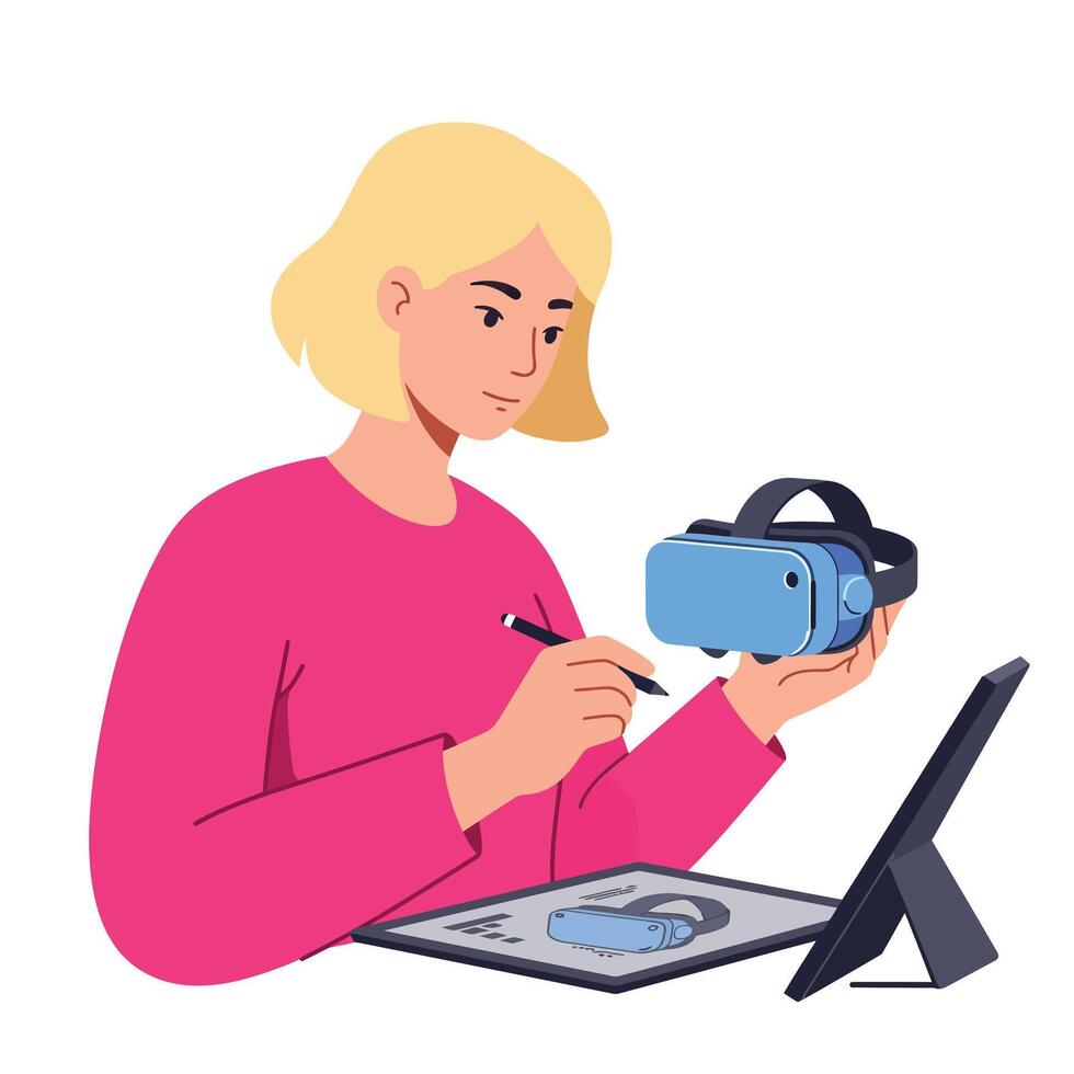 Female designer using virtual reality headset in flat aimotion illustration vector