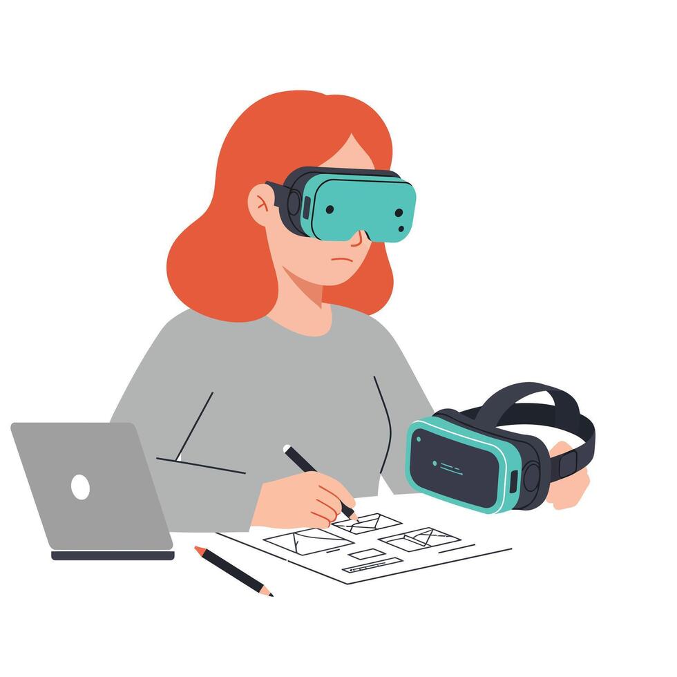Woman using virtual reality headset in minimal flat design aimotion art vector