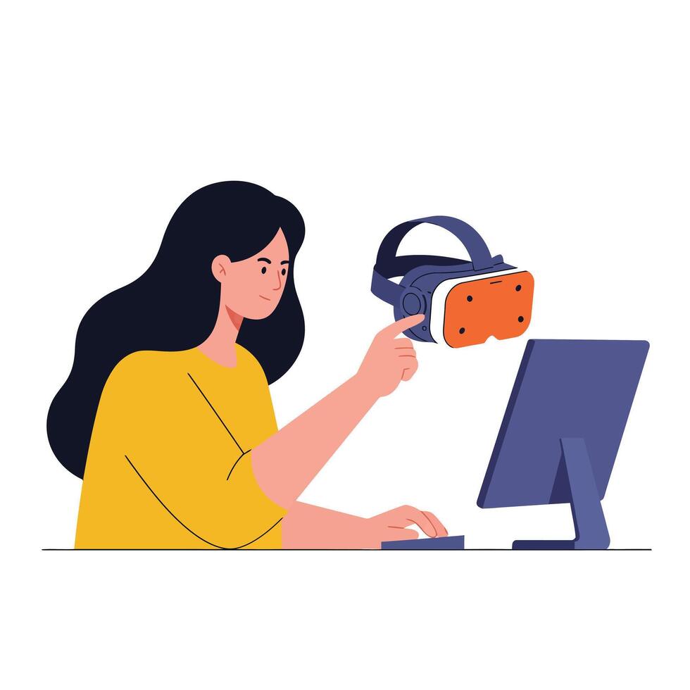 Woman using virtual reality headset while interacting with computer in flat aimotion art vector