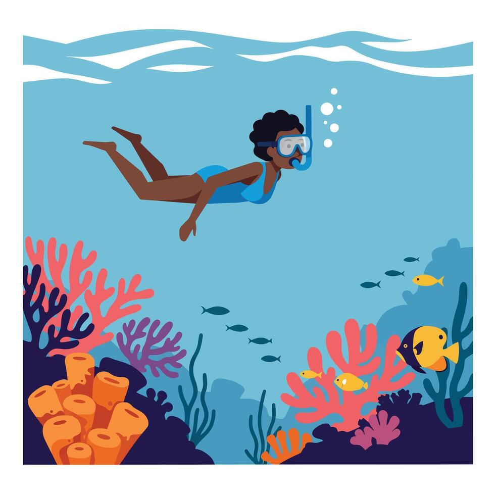 Snorkeling underwater scene with colorful fish and coral in flat aimotion art vector