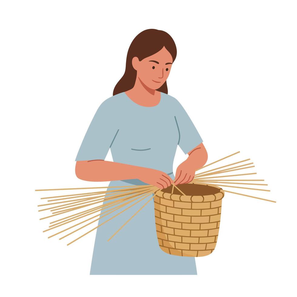 Woman weaving with straw in minimal flat style aimotion illustration vector
