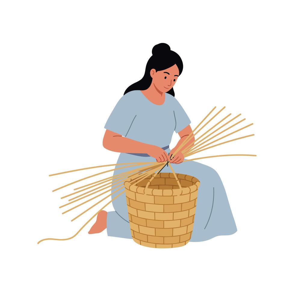 Woman weaving a basket with natural materials in flat aimotion illustration vector