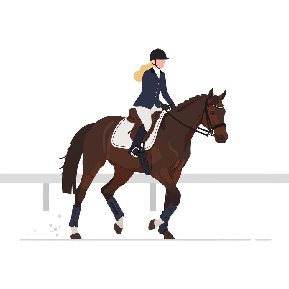 Equestrian rider gracefully trotting on a brown horse in flat aimotion art vector