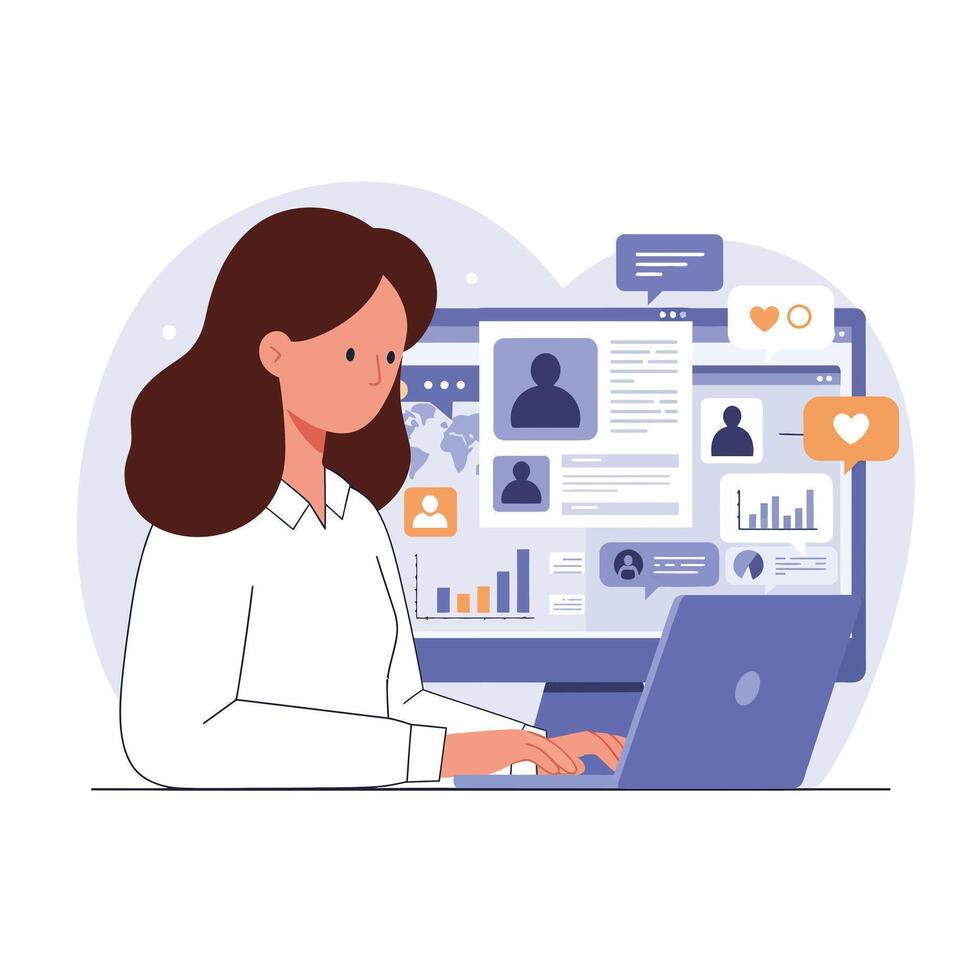 Woman working on a laptop with social media dashboard in flat aimotion illustration vector