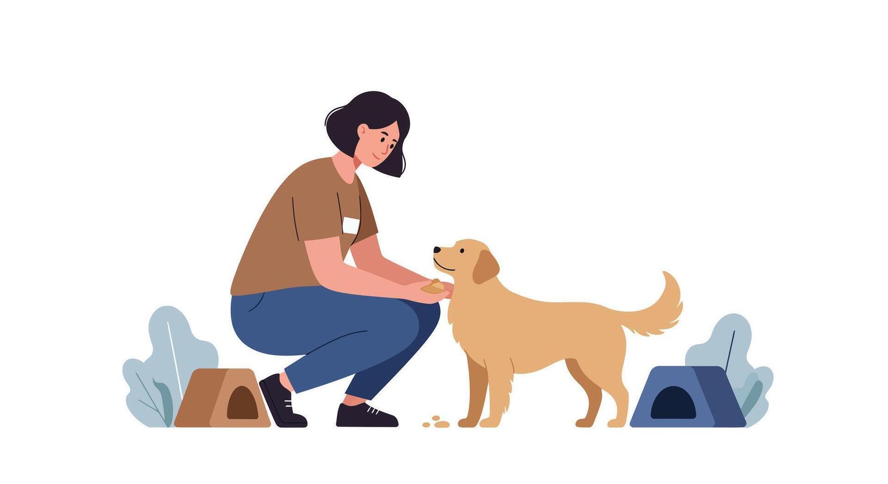 Woman feeding a dog in a flat minimal aimotion illustration style vector