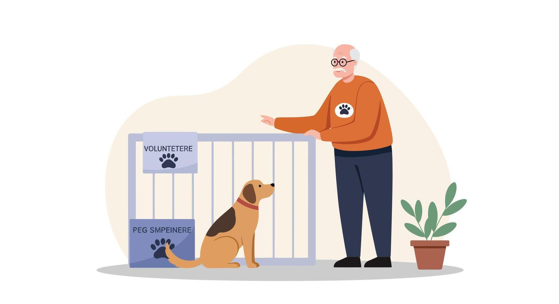 Dog adoption scene with an elderly man and a dog in flat aimotion art vector