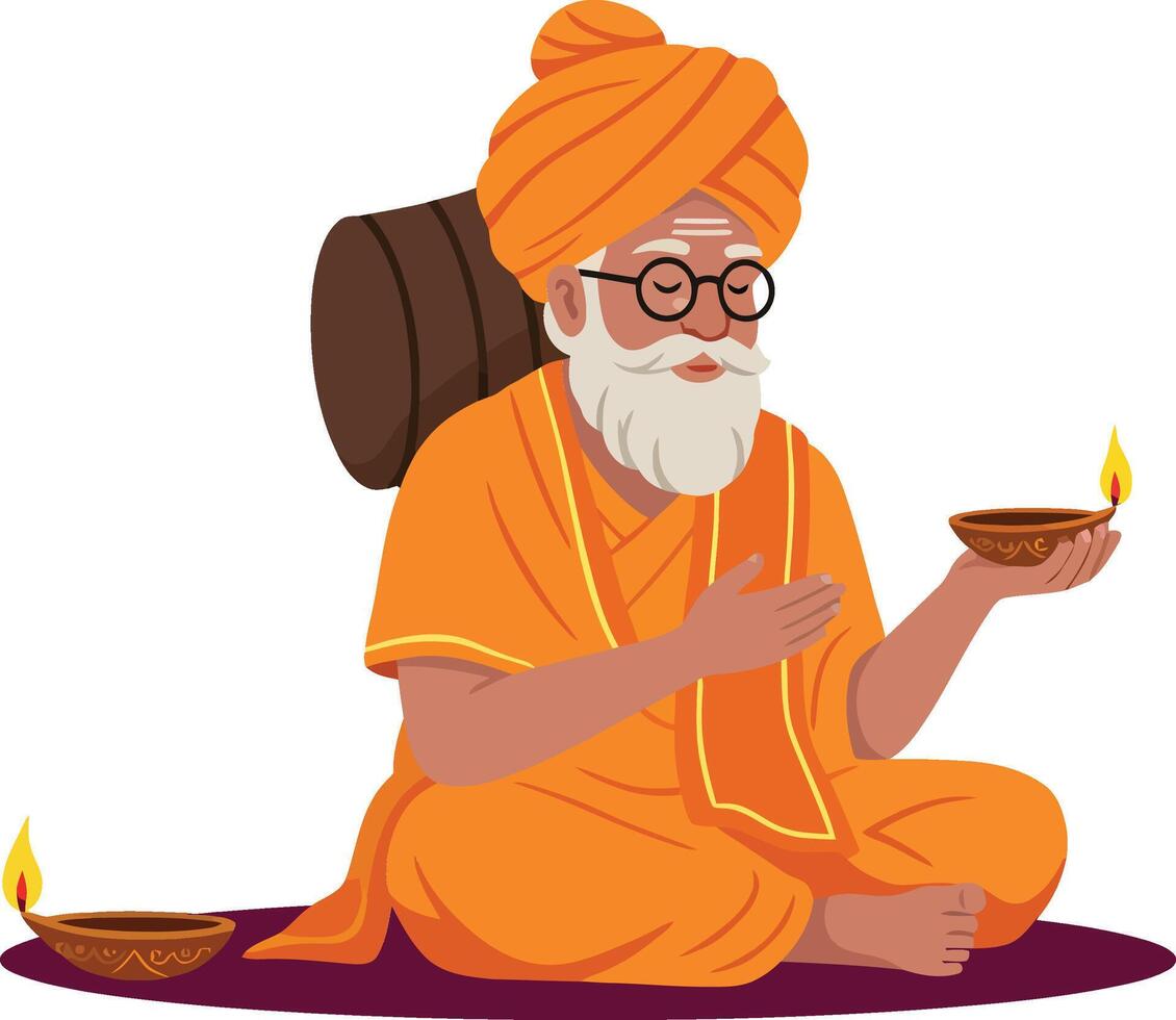 Wise elderly man in orange robes holding lighted lamps, flat aimotion art vector