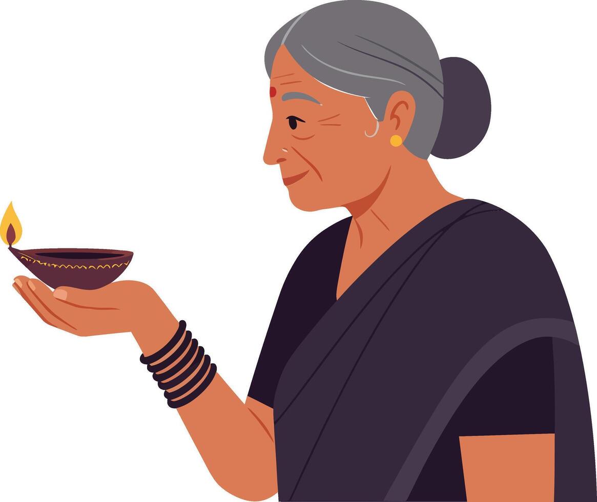 Elderly woman holding a traditional oil lamp in a flat aimotion illustration vector
