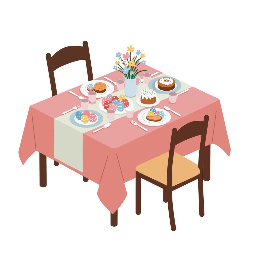 Dining table scene with colorful desserts and flowers in flat art vector