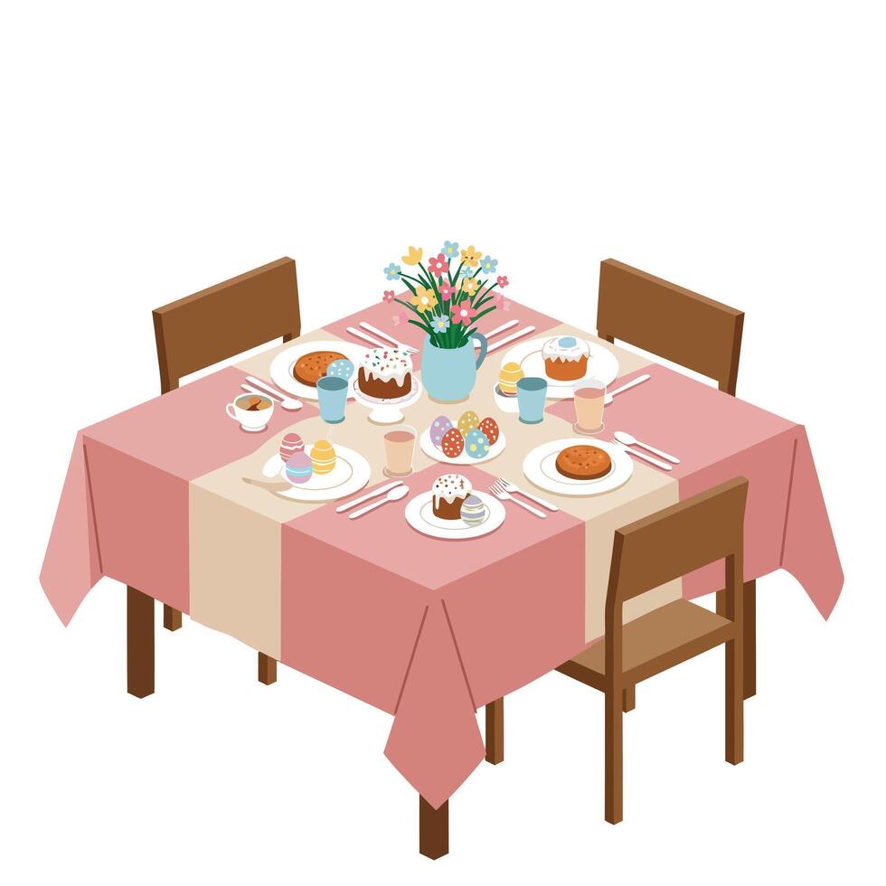 Dining table arrangement with desserts and flowers in flat art vector
