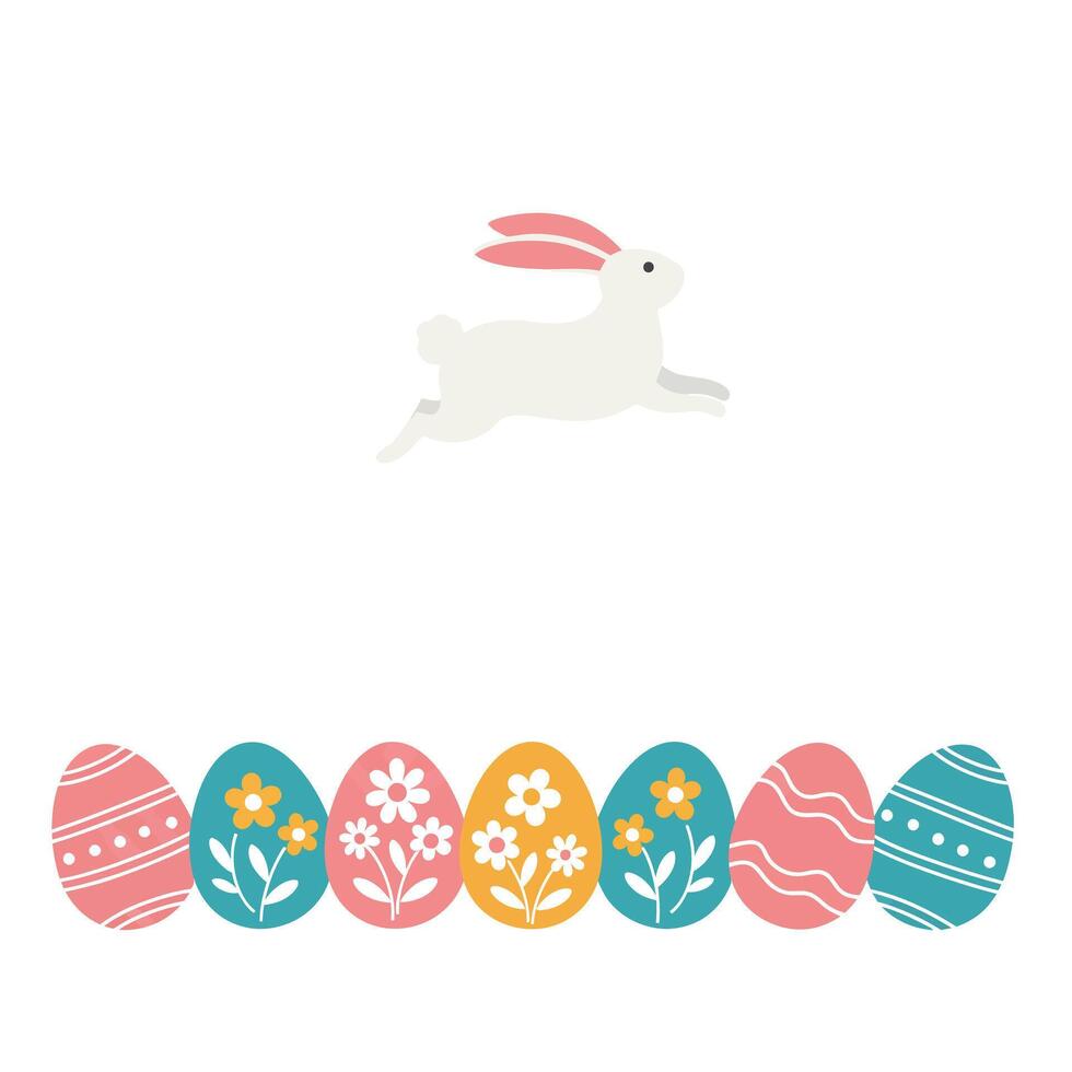 Rabbit hopping above colorful decorated eggs in flat art vector