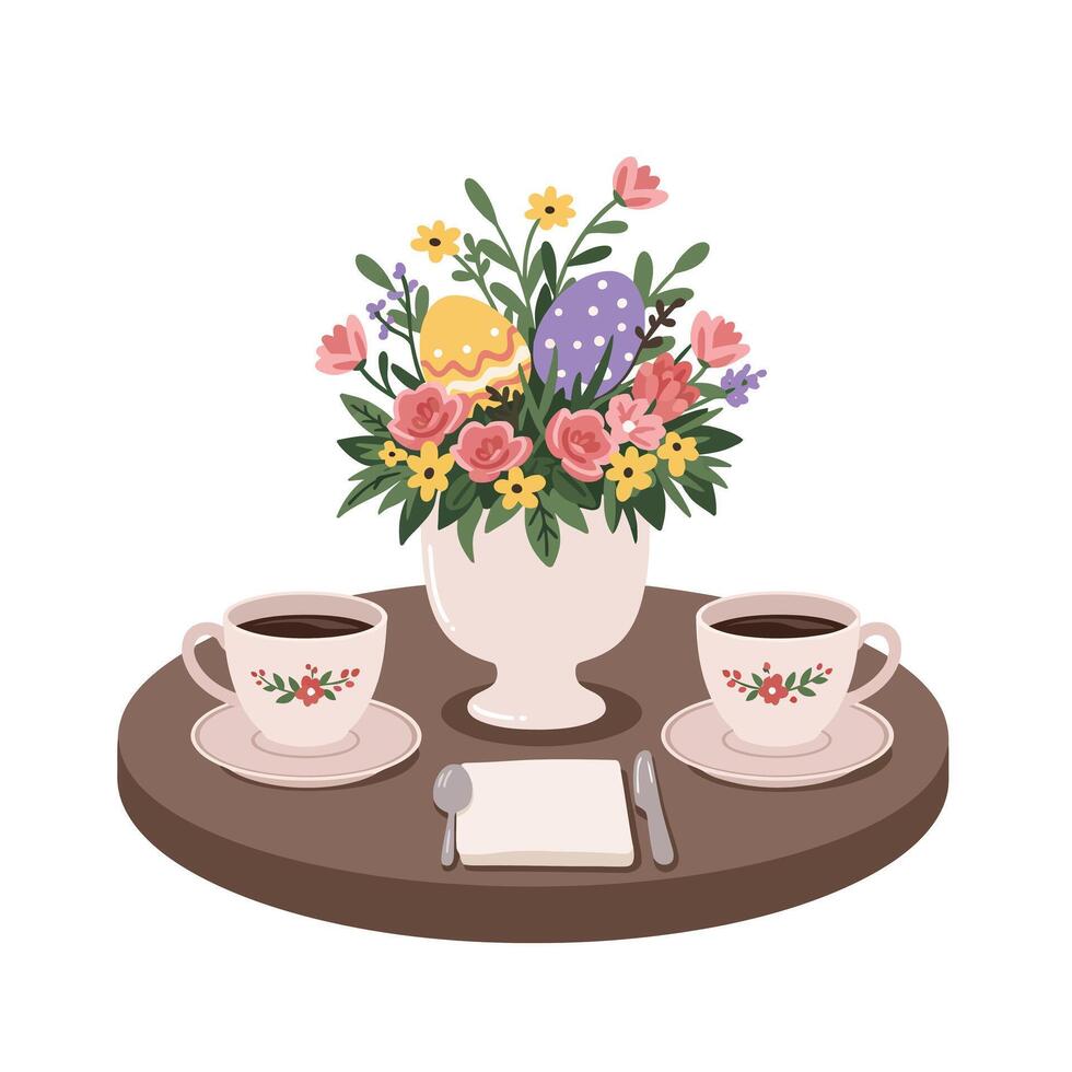 Floral centerpiece with teacups on a table in flat art vector