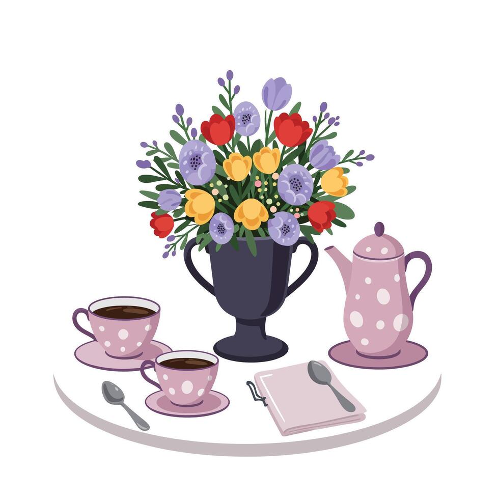 Elegant tea set with floral arrangement in flat art vector