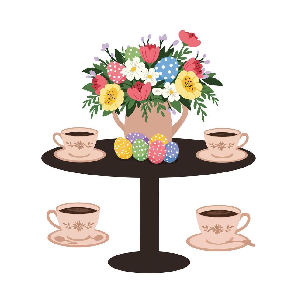Floral arrangement with colorful eggs and coffee cups in flat art vector