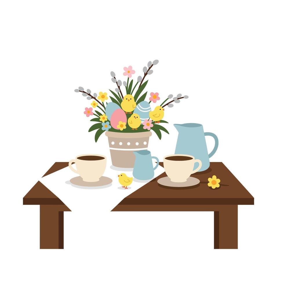 Cute table setting with flowers and cups in flat art vector