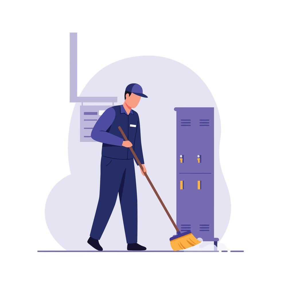 Janitor cleaning floor with broom in flat minimal art illustration vector
