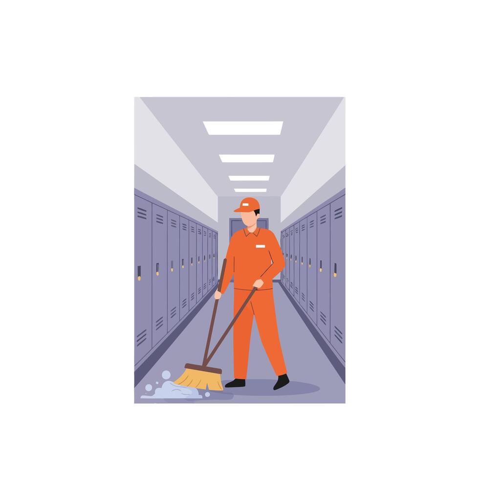 Custodian in orange uniform sweeping floor in minimal art vector