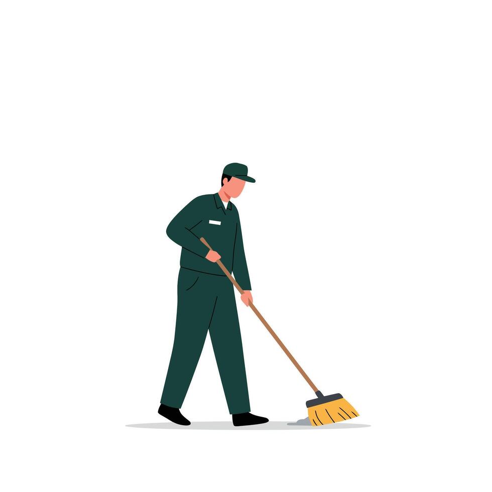 Worker sweeping floor in green uniform with minimal design style illustration vector