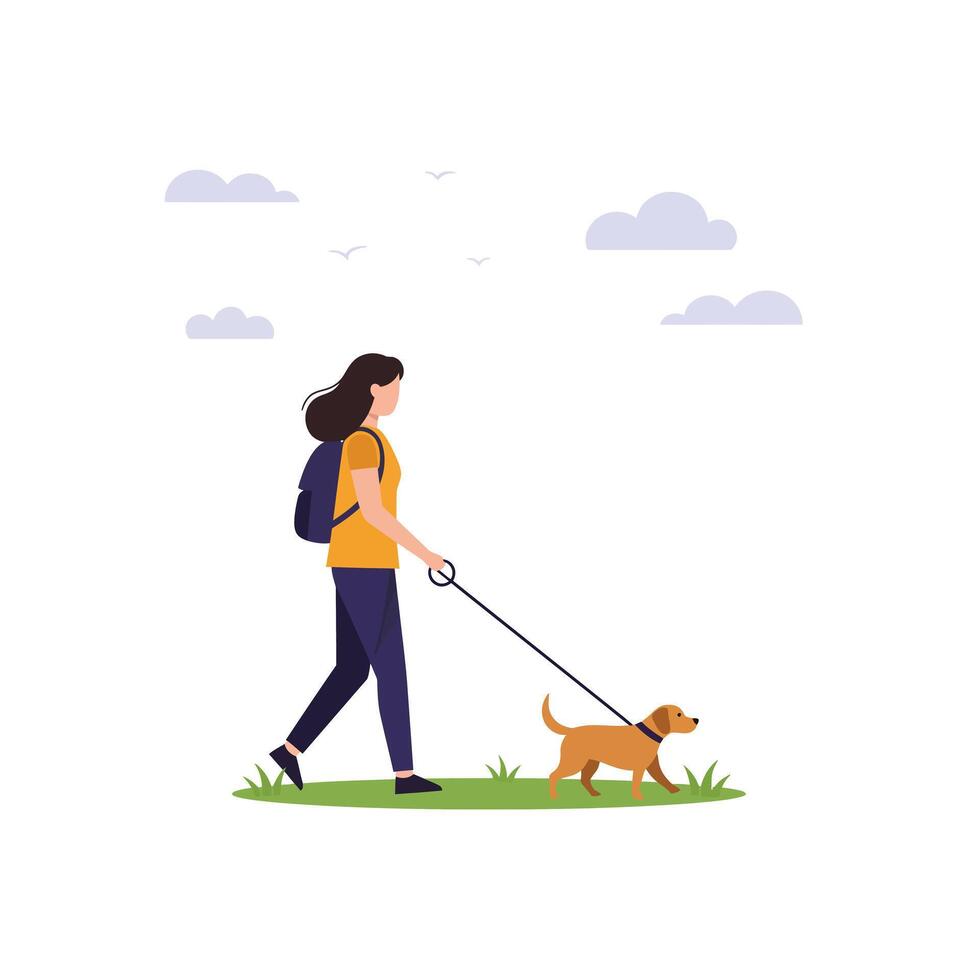 Woman walking a dog in a flat and minimal design illustration vector