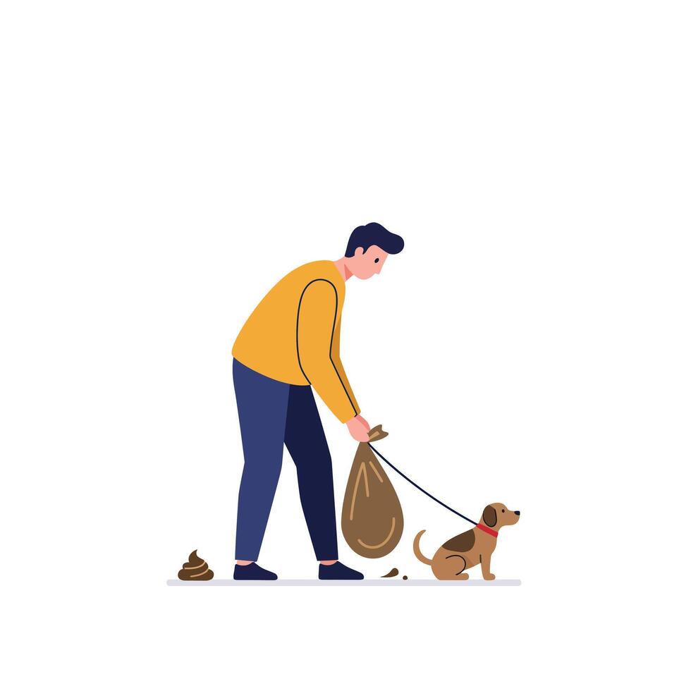 Man picking up dog waste with a bag in flat art vector