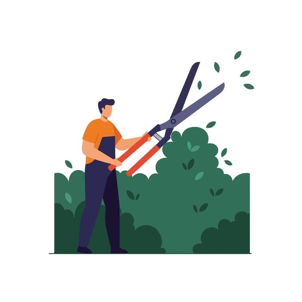 Gardener using shears to trim bushes in flat art illustration vector