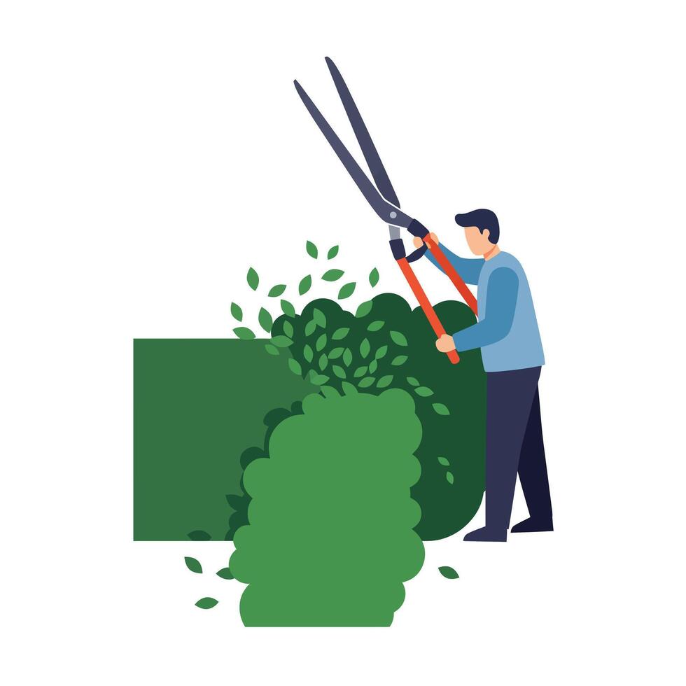 Gardener trimming bushes with shears in flat art style illustration vector