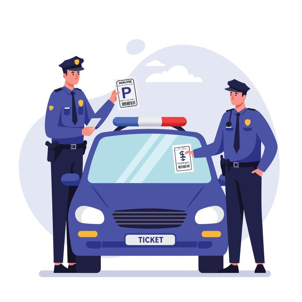 Police Officers Issuing Parking Ticket in Flat Art Style vector