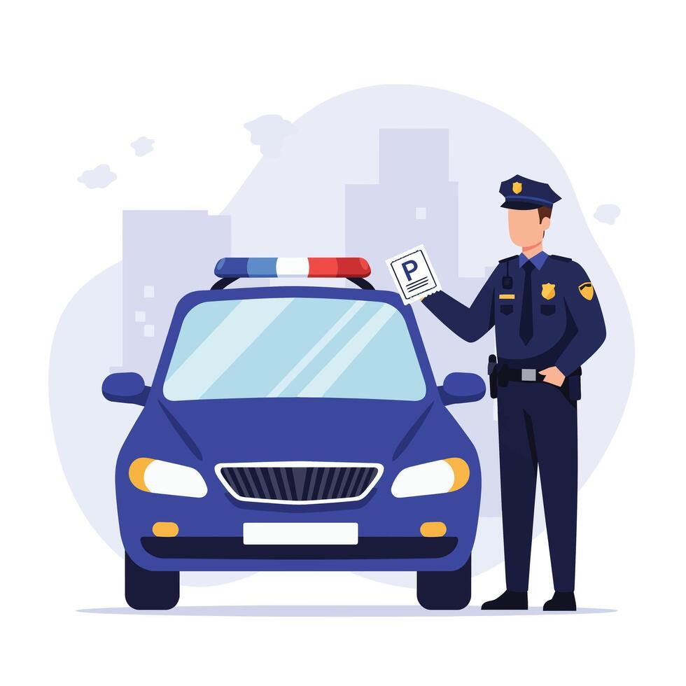 Police officer standing next to a blue car in flat art style vector