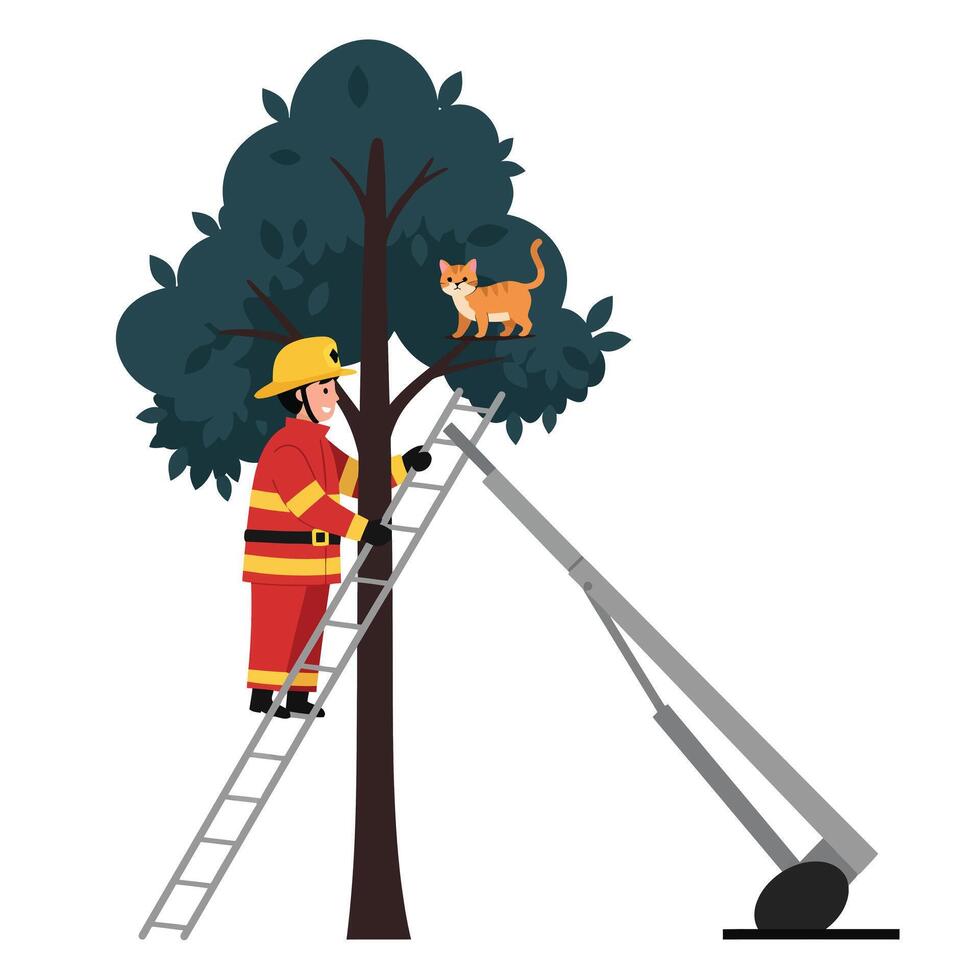 Firefighter rescuing a cat from a tree in flat art illustration vector