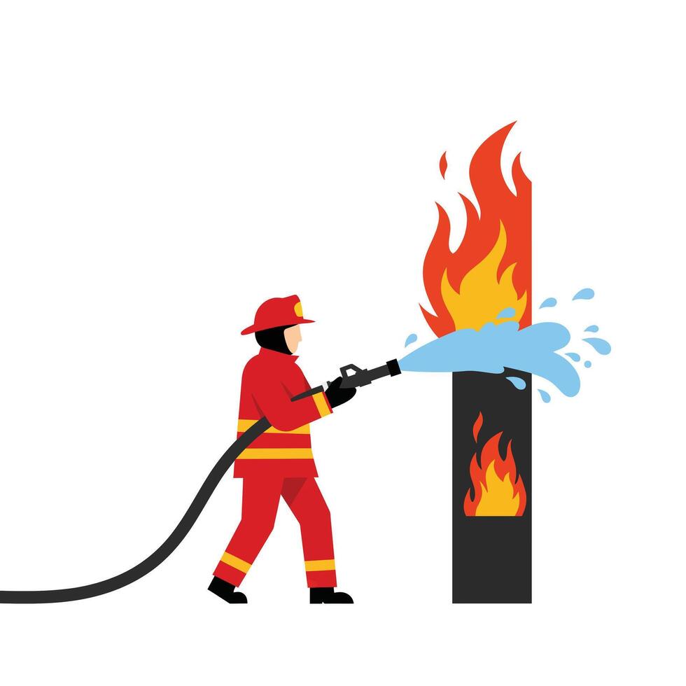 Firefighter Extinguishing Flames with Water Hose in Minimal Flat Art vector