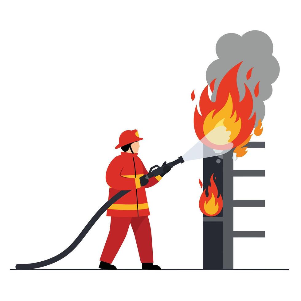 Firefighter in action extinguishing flames with hose in flat art vector