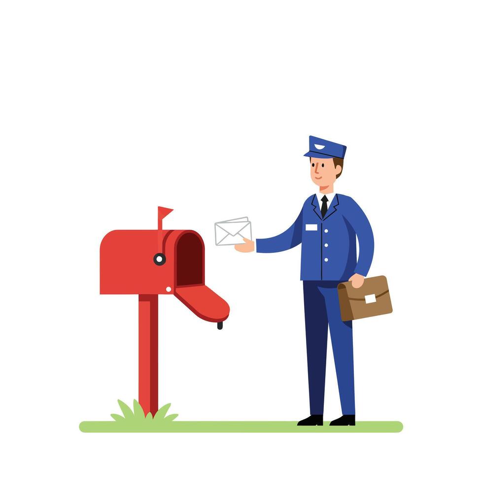 Mail carrier delivering letter to red mailbox in flat art style illustration vector