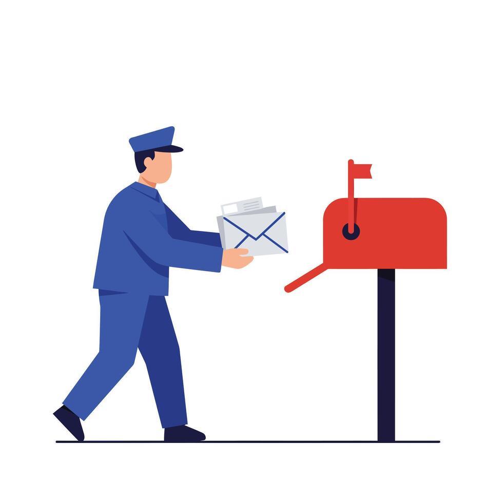 Mail carrier delivering letters to a bright red mailbox in flat art vector