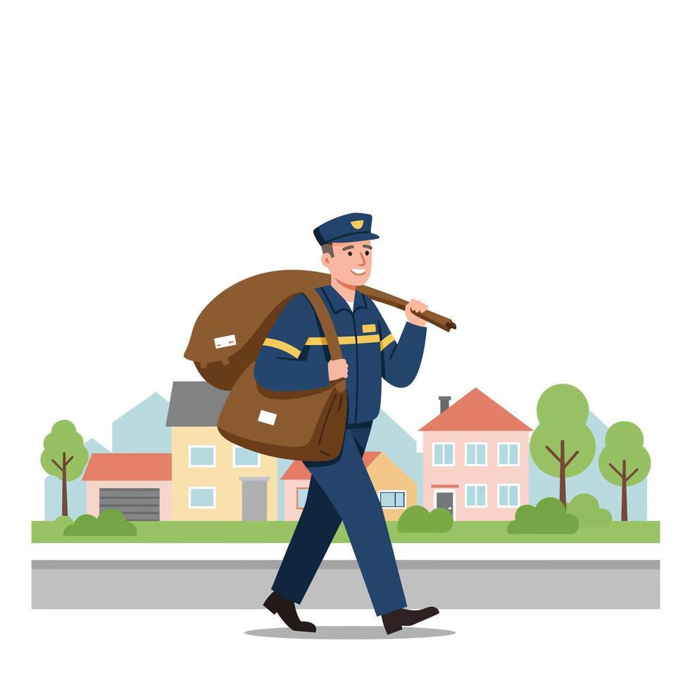 Postman with delivery bags walking through a neighborhood in flat art vector