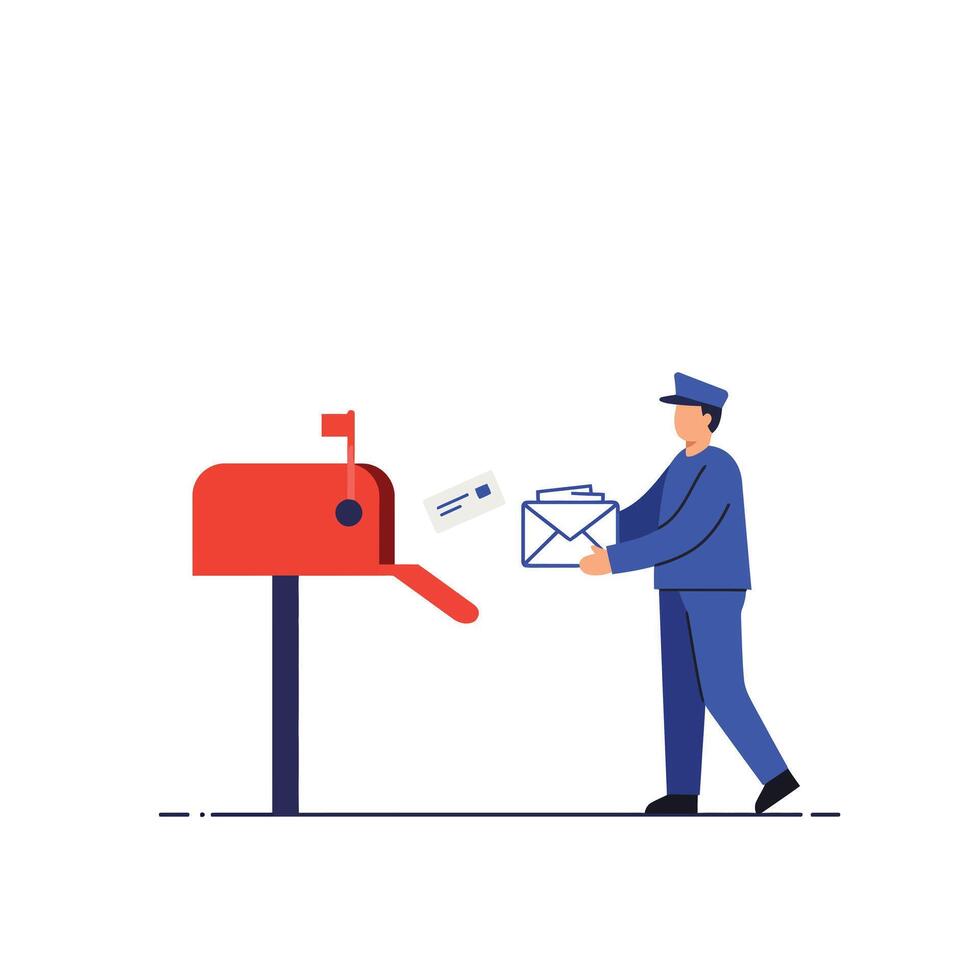 Mailman delivering letters to a bright red mailbox in flat art vector