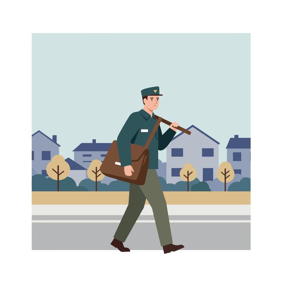 Mail carrier walking with bag in flat design art illustration vector