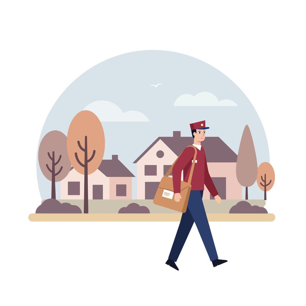 Mail carrier walking through a neighborhood in flat art style illustration vector
