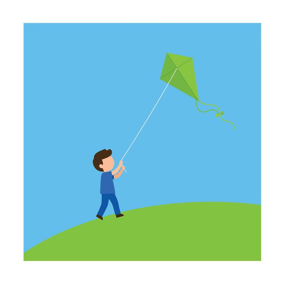 Child flying a green kite in a blue sky flat illustration vector