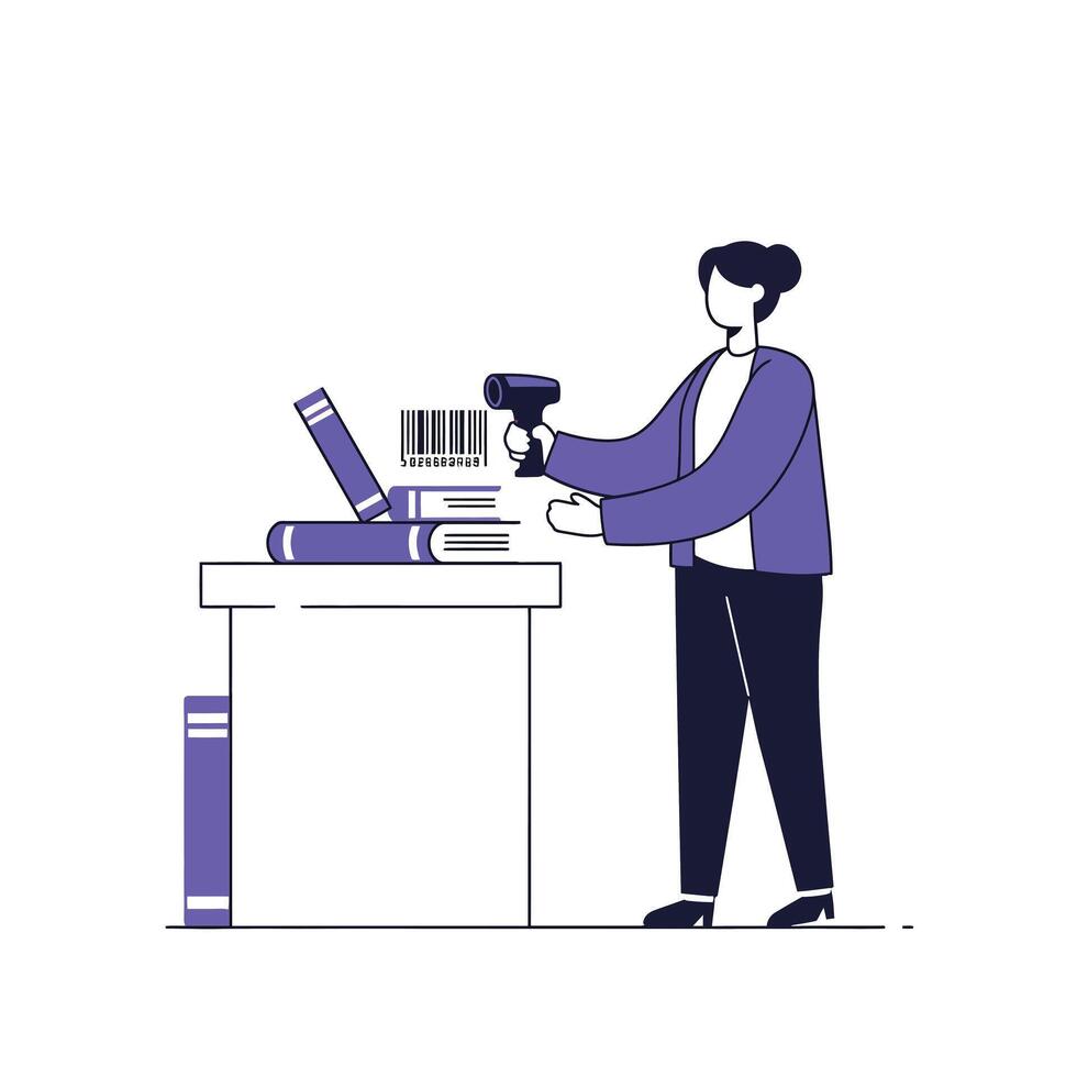 Person scanning books with barcode scanner in flat illustration vector
