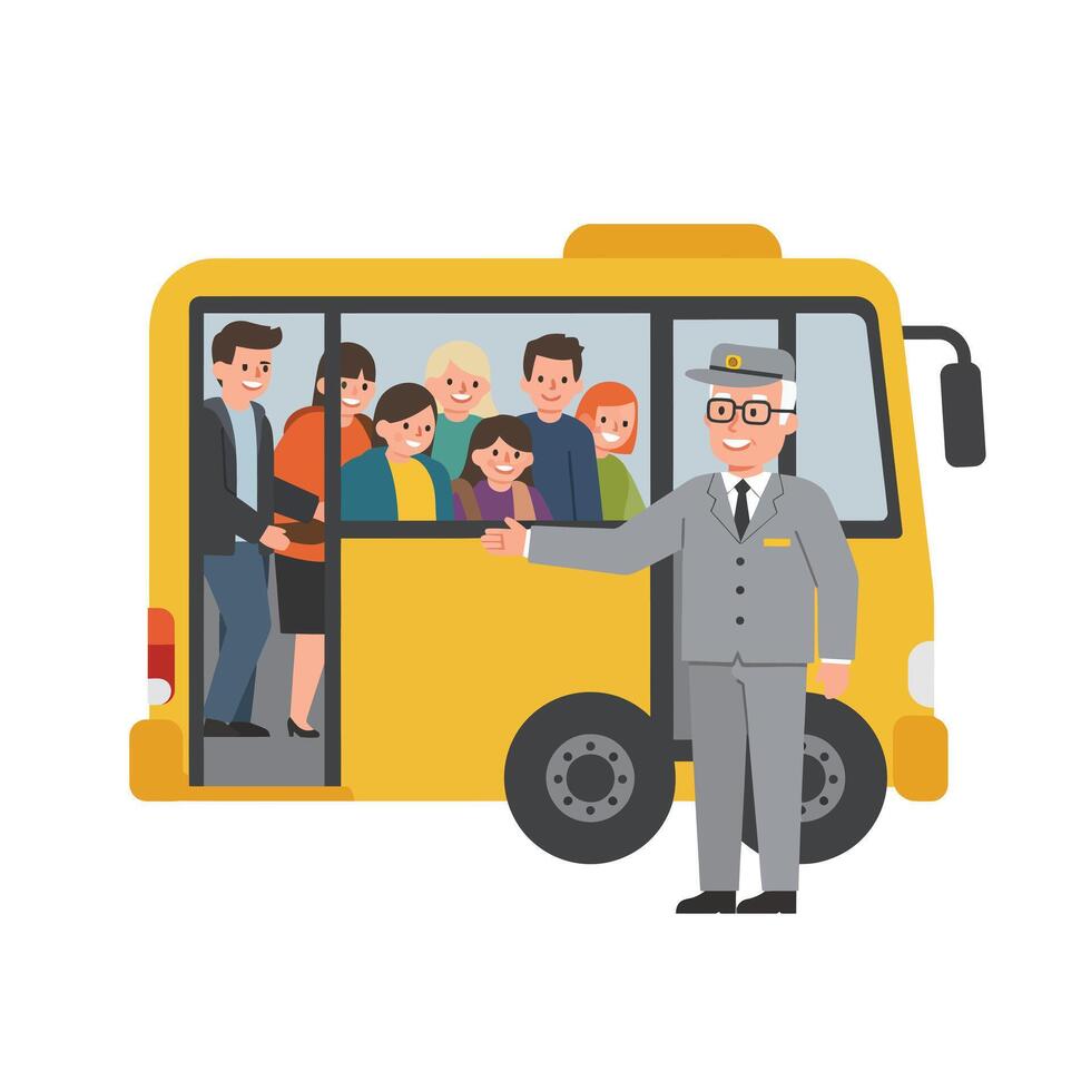 Cheerful bus driver welcoming passengers in flat art style illustration vector