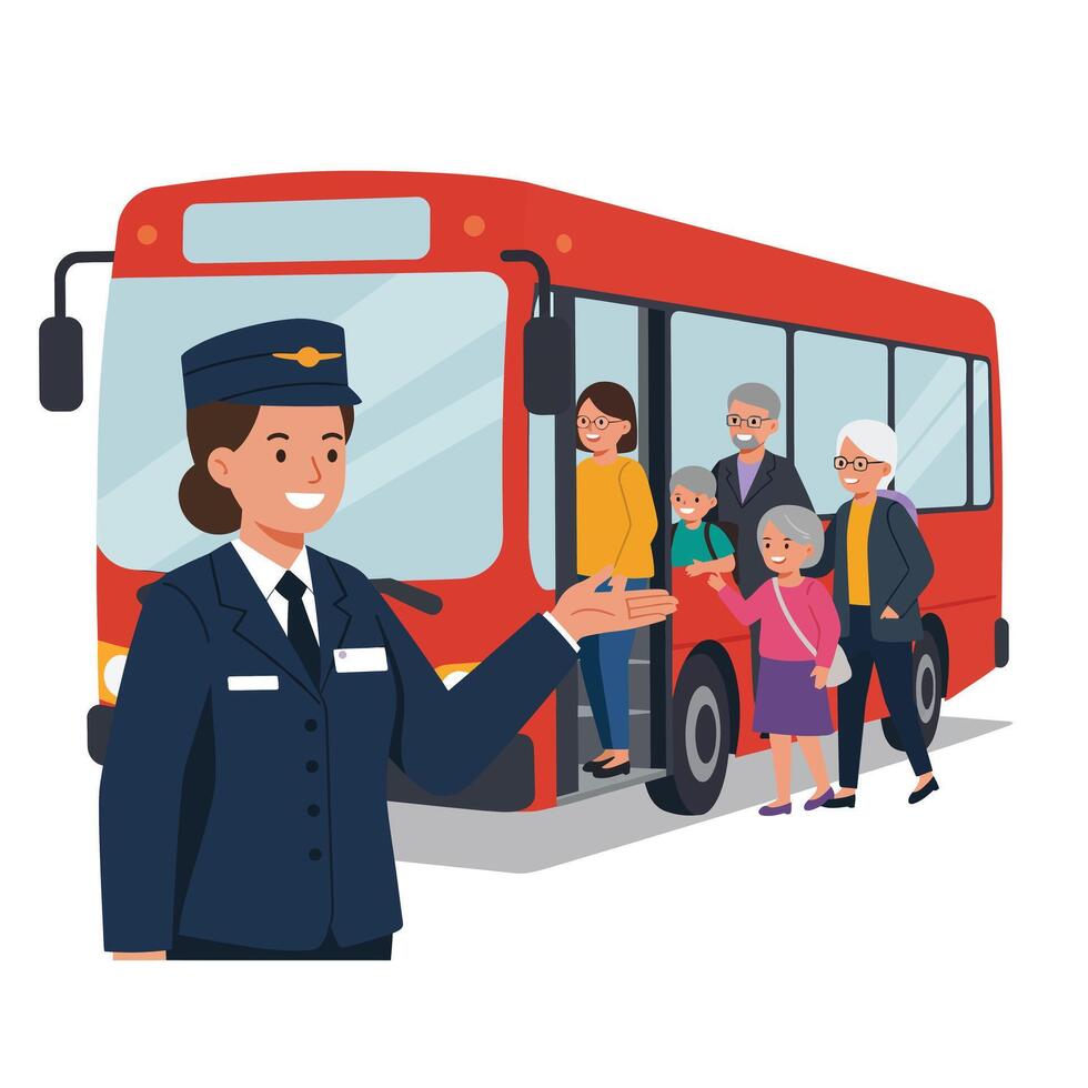 Bus driver welcoming passengers in a flat illustration style vector