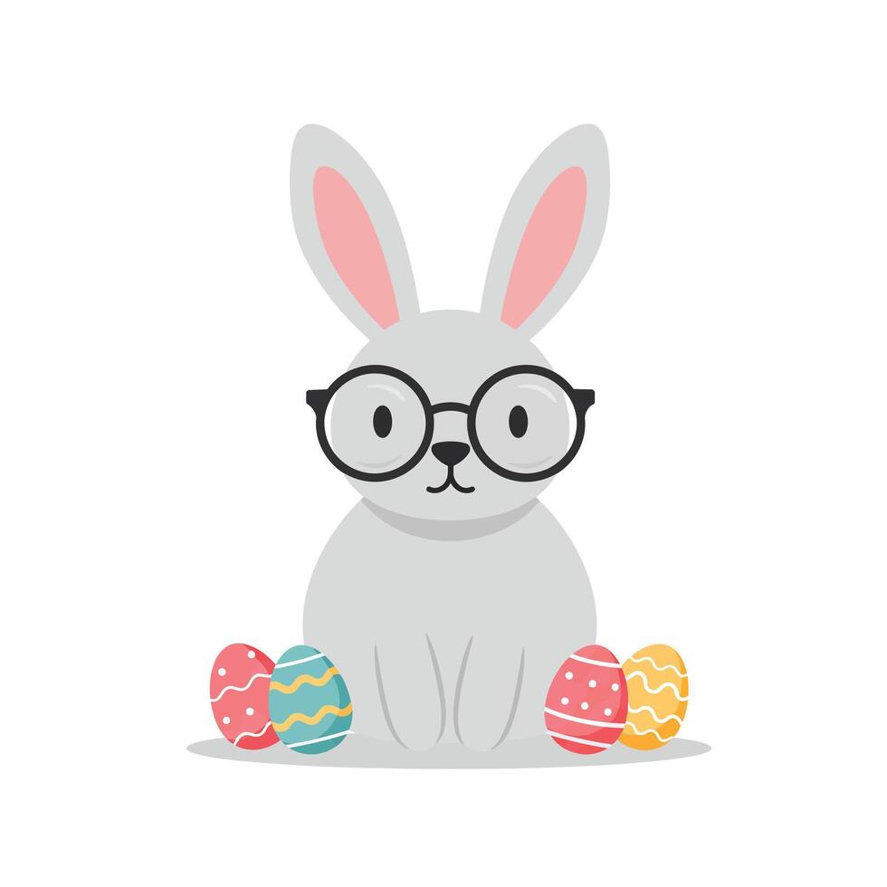 Cute gray bunny wearing glasses with colorful Easter eggs in flat art vector