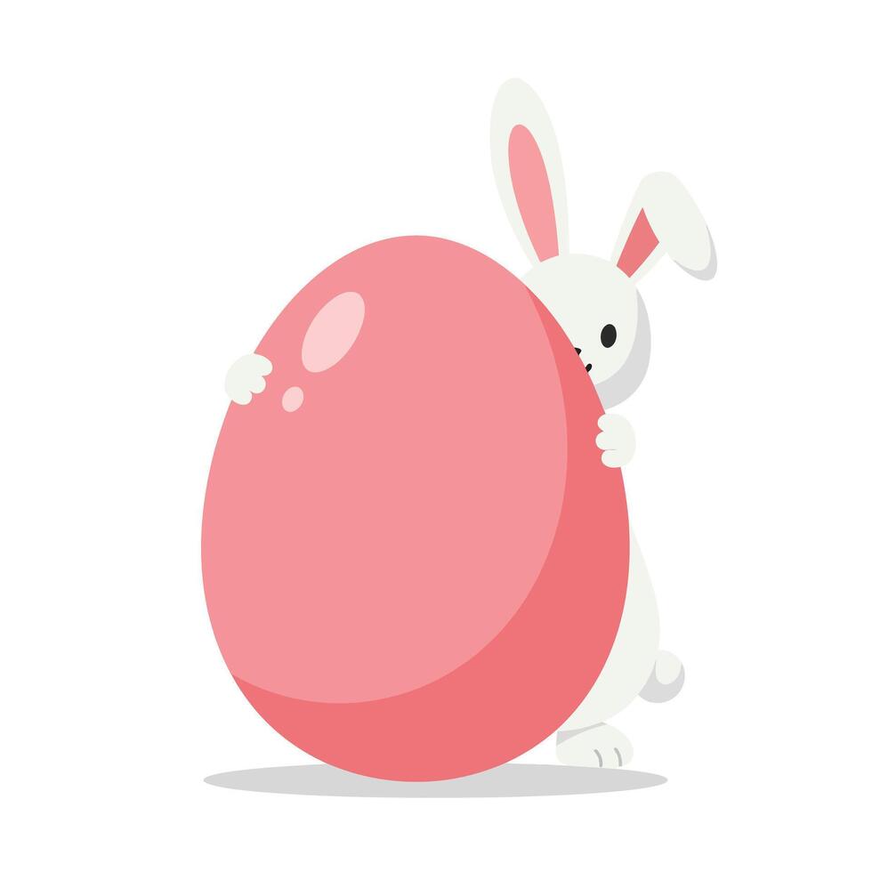 Cute rabbit character holding a large pink egg in flat art vector