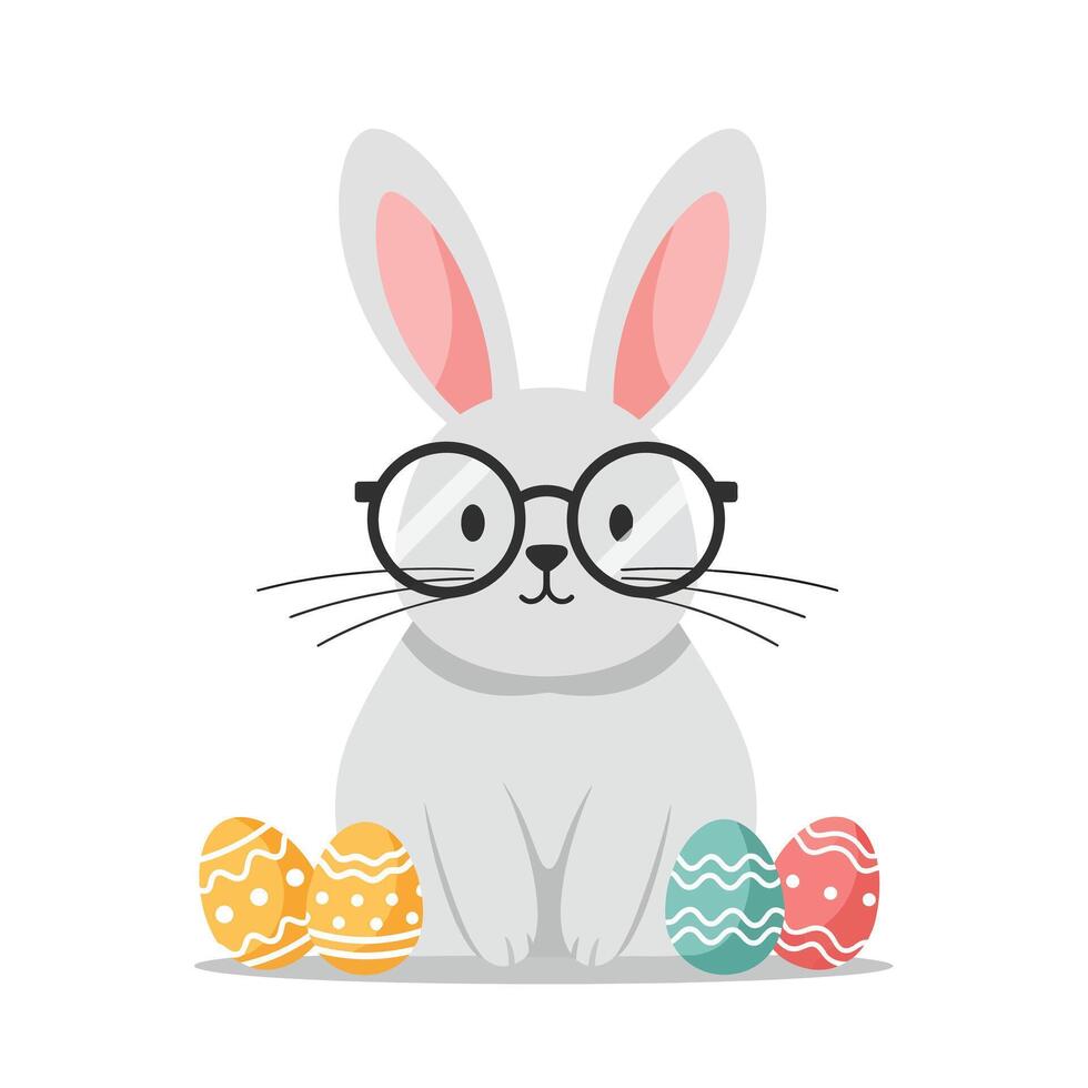 Cute rabbit with glasses surrounded by colorful decorated eggs in flat art vector