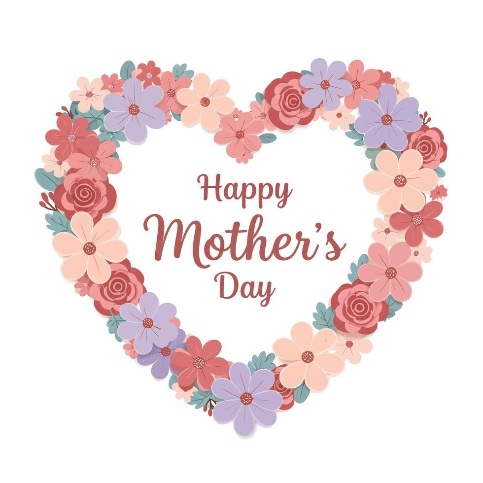 Floral heart design with vibrant colors celebrating Mothers Day in flat art vector