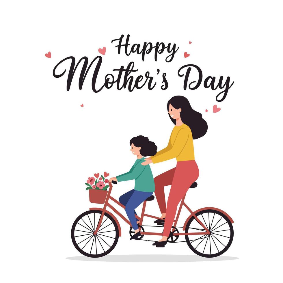 Mother and child cycling together in a cheerful flat illustration vector