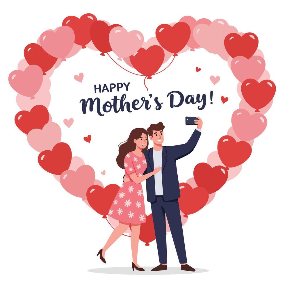 Couple taking selfie in heart-shaped balloon frame, flat design illustration vector