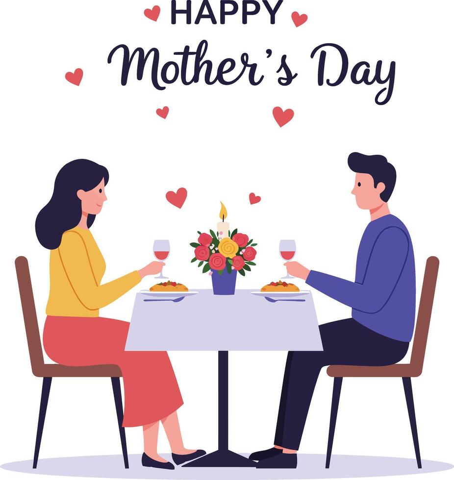 Romantic dinner scene with couple celebrating Mothers Day in flat art 3 vector